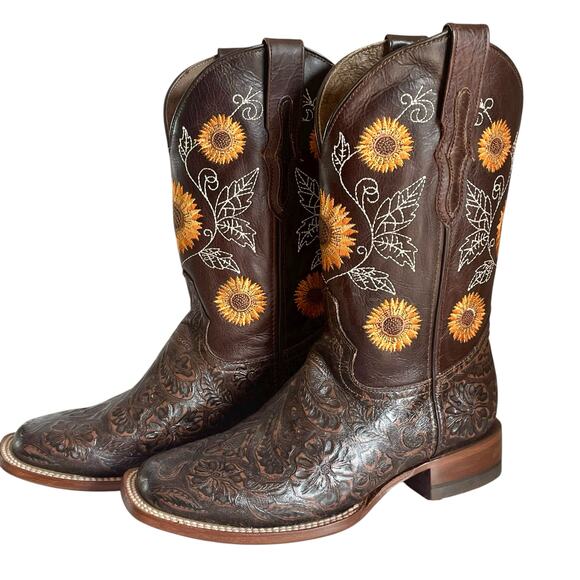 Reywelt Western Boots Embossed Leather Sunflower Embroidery Size 8 Square Toe - Picture 1 of 13